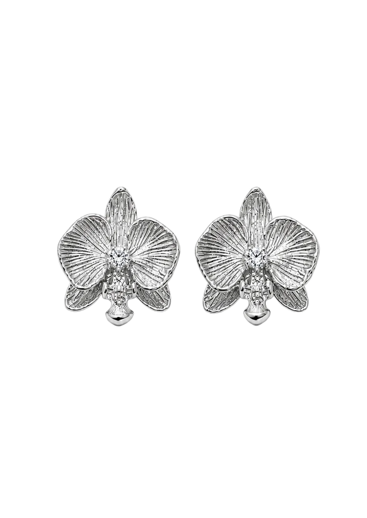 A pair of Sephina silver-toned orchid flower stud earrings with textured orchid petals and small dangling bead accents.