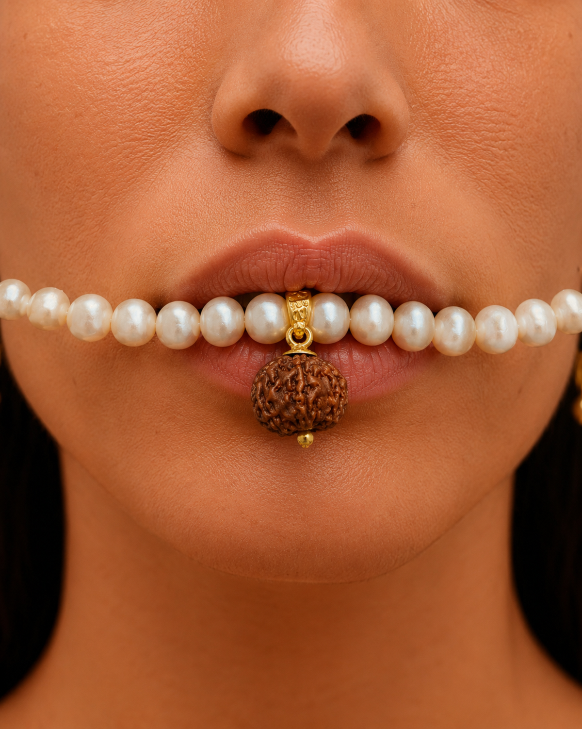 A close-up of a person's lower face wearing a Sephina freshwater pearl necklace with a mukhi 7 pendant,