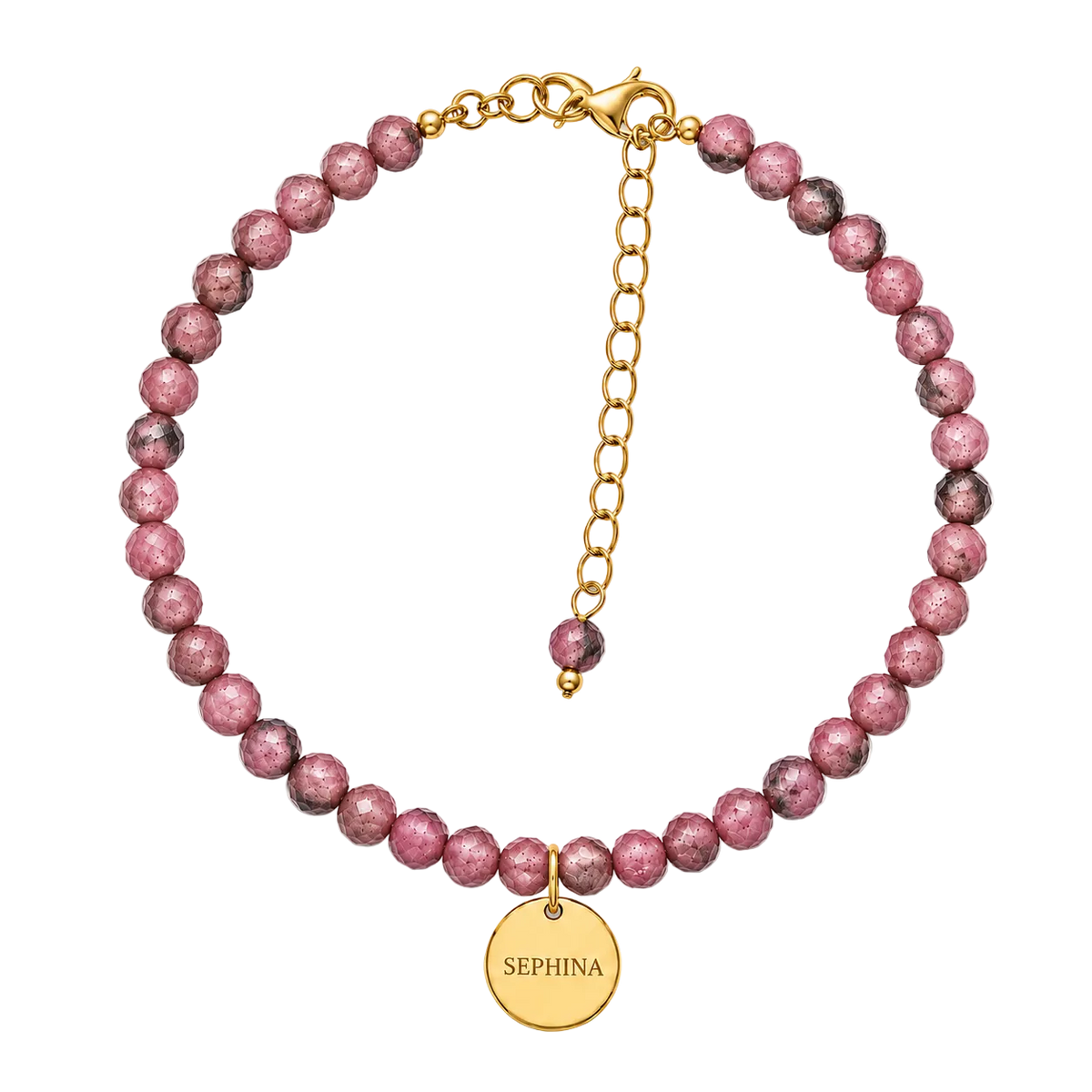 A faceted rhodonite beaded bracelet with extender chain, and a round gold signature 'SEPHINA' pendant.