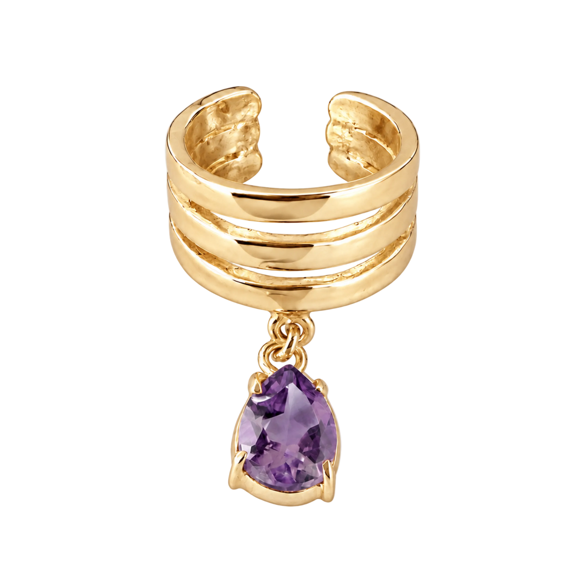 A gold-toned multi-band ring with a dangling teardrop-shaped purple gemstone, shown on a light gray background.