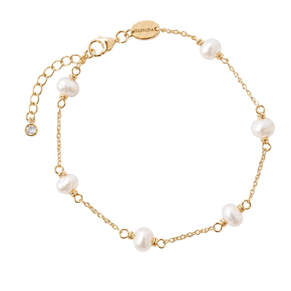 A delicate gold chain bracelet featuring 6 freshwater pearl beads spaced along the chain, displayed on a textured white background.