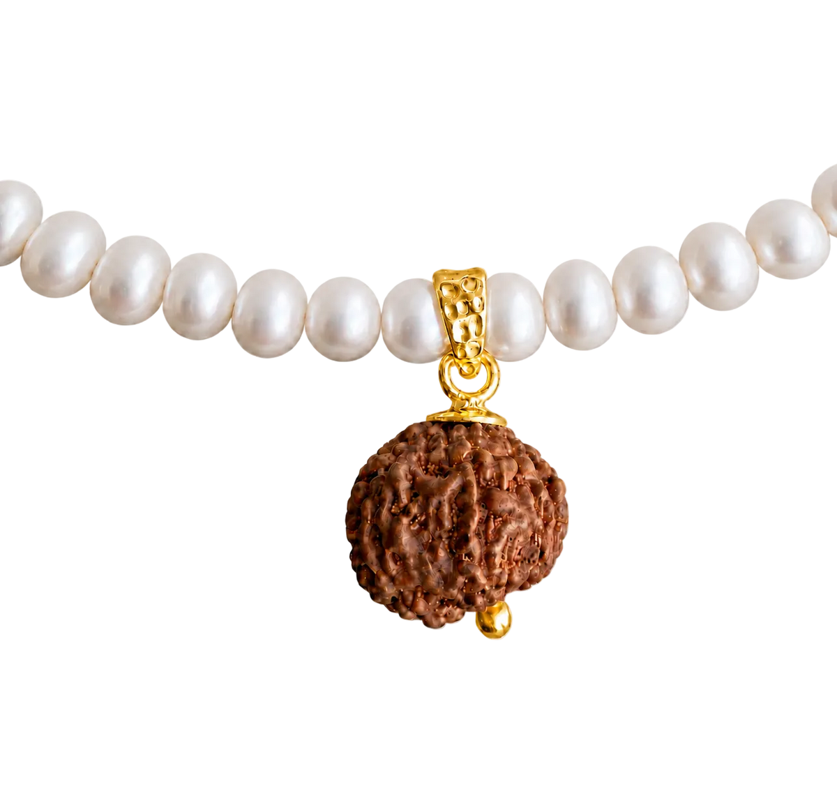 A close-up of a necklace featuring white pearl-like beads and a central mukhi 7 pendant with a gold-tone top loop and small gold accent, shown on a plain light background.