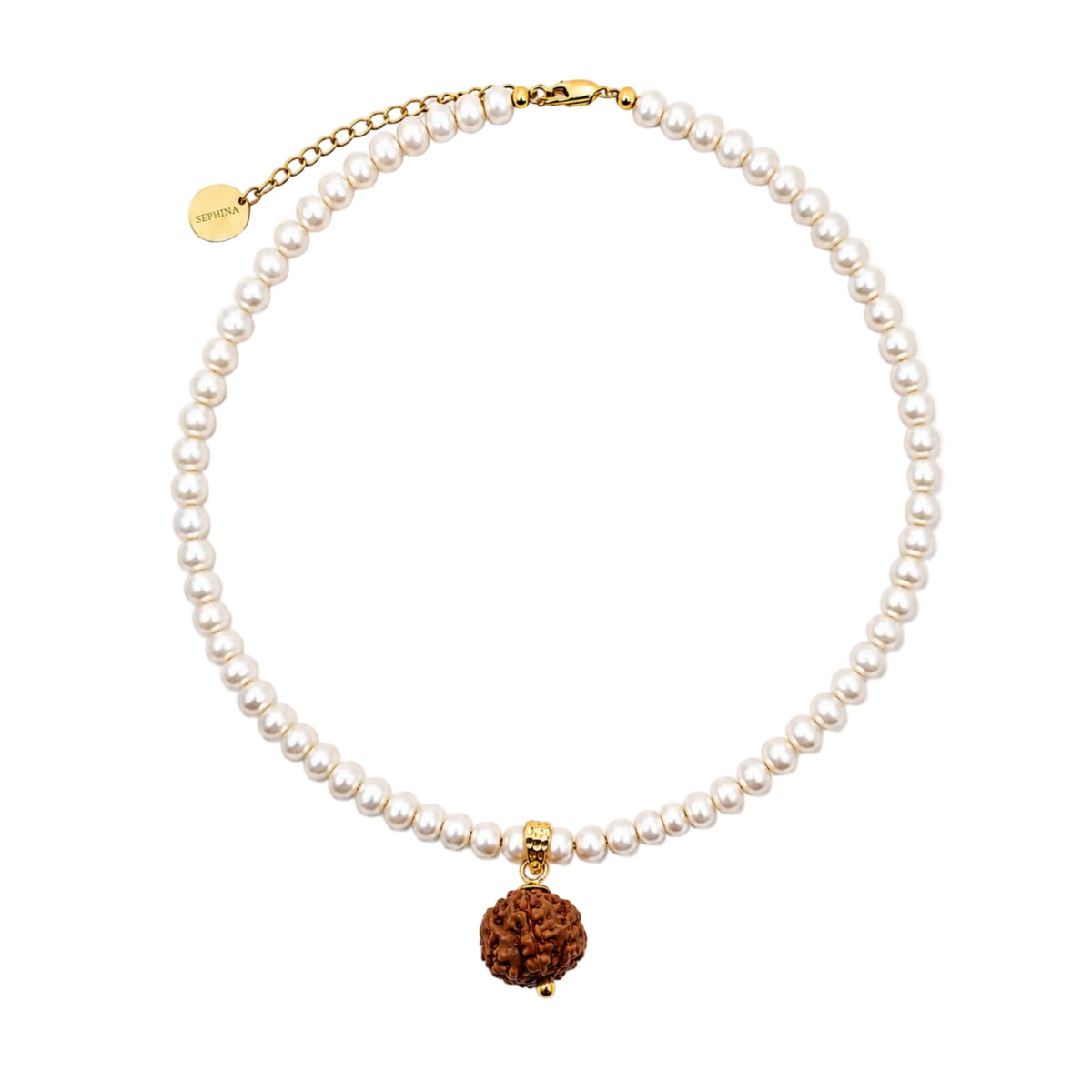 A Sephina freshwater pearl necklace with a gold clasp and extender chain, featuring a mukhi 7 pendant.