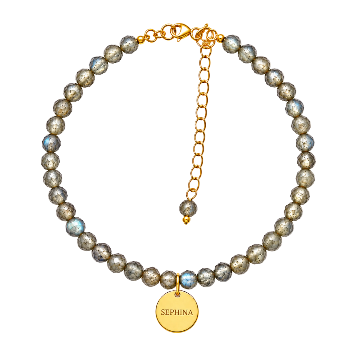 A beaded bracelet made of metallic gray and labradorite  beads, featuring a gold chain extender, lobster clasp, and a 'SEPHINA' signature pendant.