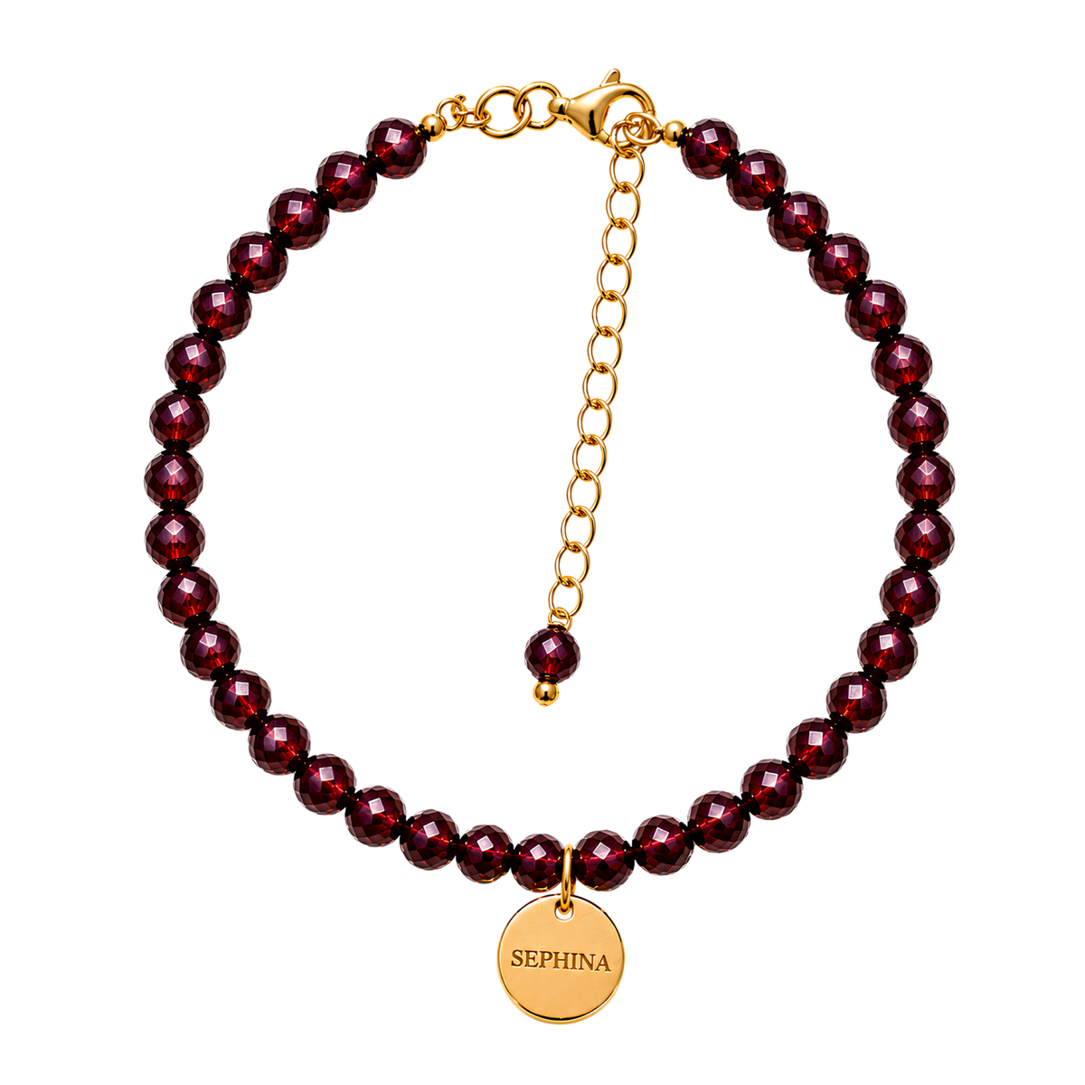 A beaded bracelet with faceted dark red garnet-like beads and a gold-tone chain extender with a round engraved 'SEPHINA' disc charm, shown on a plain white background.