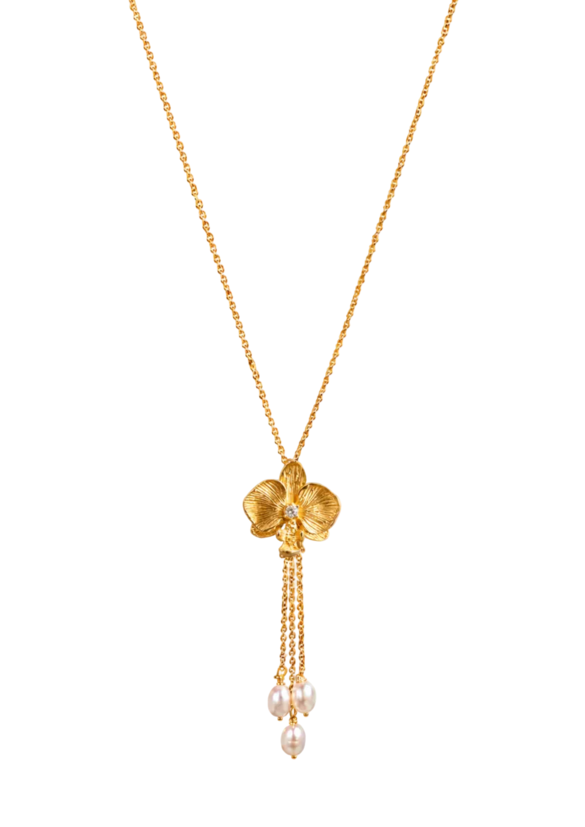 A gold Y-necklace featuring a four-petal flower pendant with a small clear crystal in the center and three dangling chains ending in white pearls, shown on a plain white background.