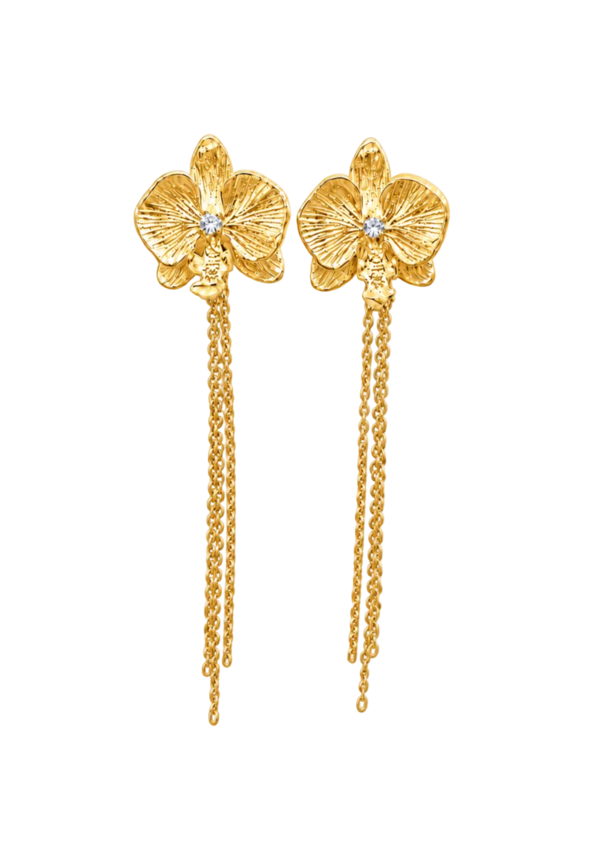 A pair of gold orchid-shaped dangle earrings with textured petals, small clear center stones, and long hanging chain drops, shown on a solid black background.