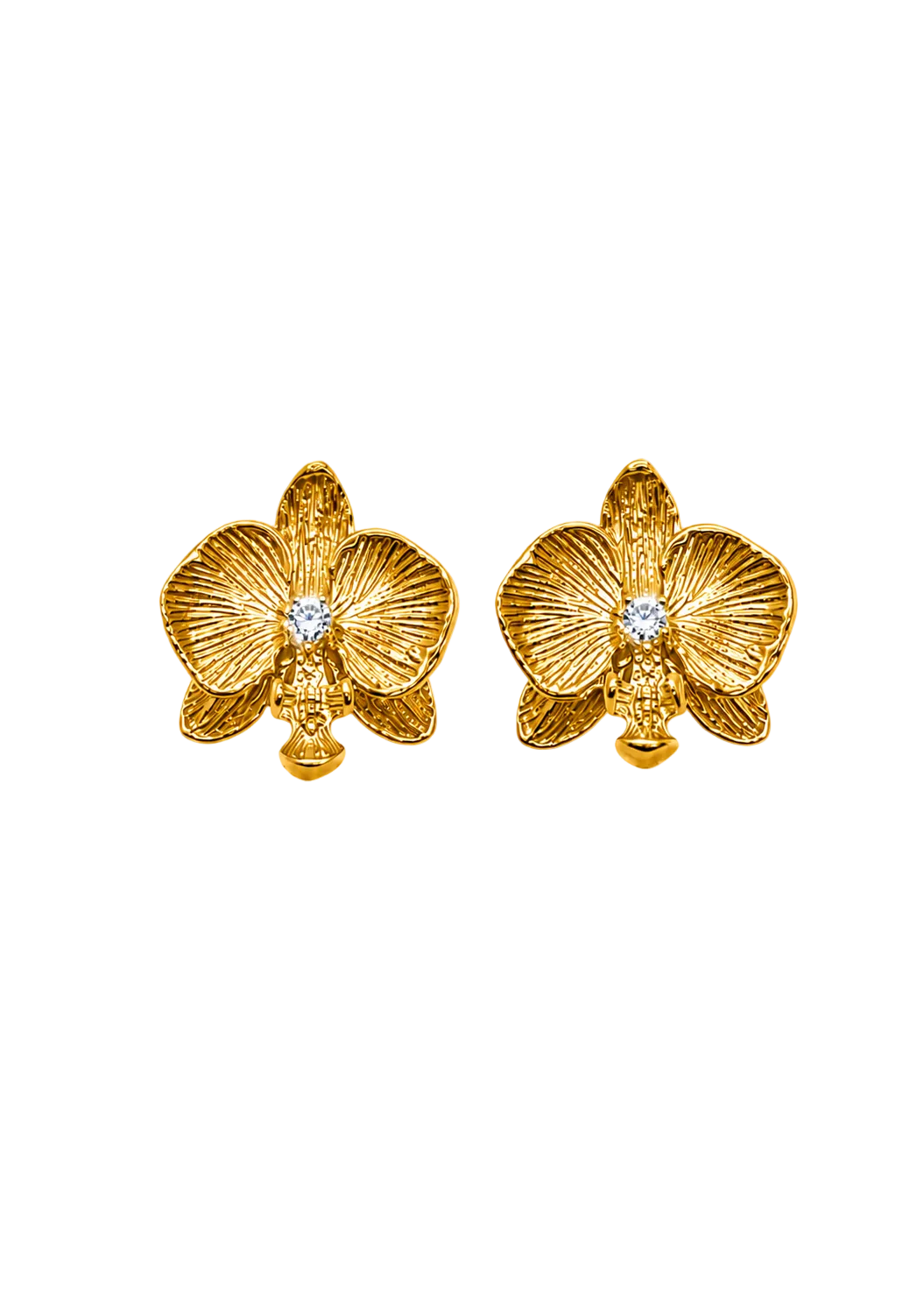 A pair of gold Sephina orchid flower stud earrings with a small clear white zirconia in the center of each flower.